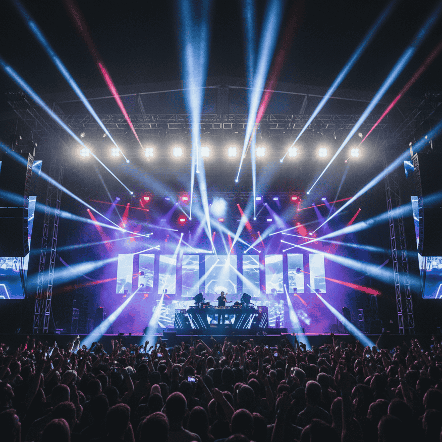 Stage with lighting and speakers for event AV
